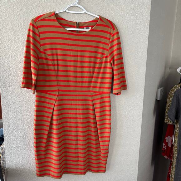 Fossil Orange Striped Knee Length Dress 3/4 Sleeve Exposed Zipper Back Sze Large - Picture 8 of 8